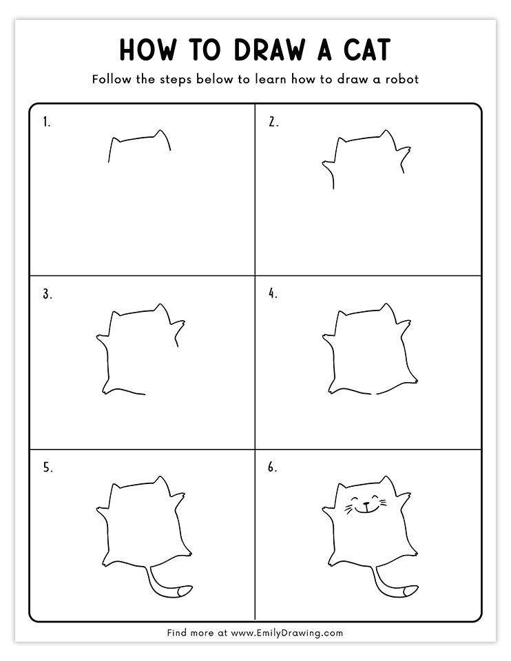 Easy tutorial for drawing a happy cartoon cat with a big smile and playful details, perfect for beginner and young artists.