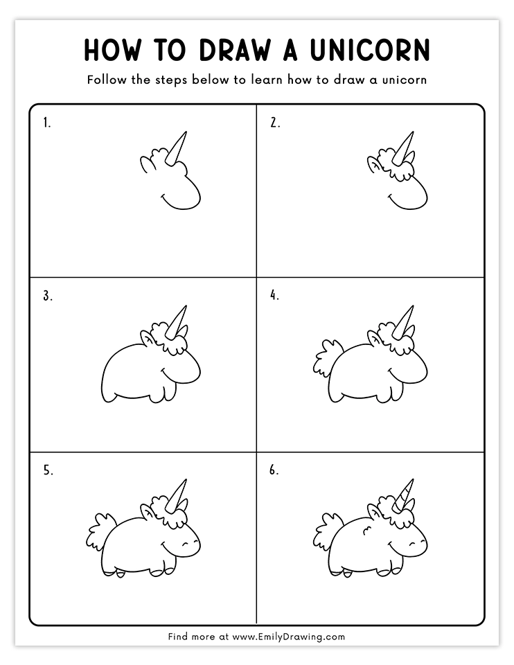 Step-by-step tutorial for drawing a cute and chubby unicorn for beginners.