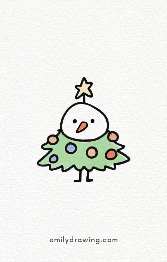 Cute snowman wearing a Christmas tree outfit with ornaments.