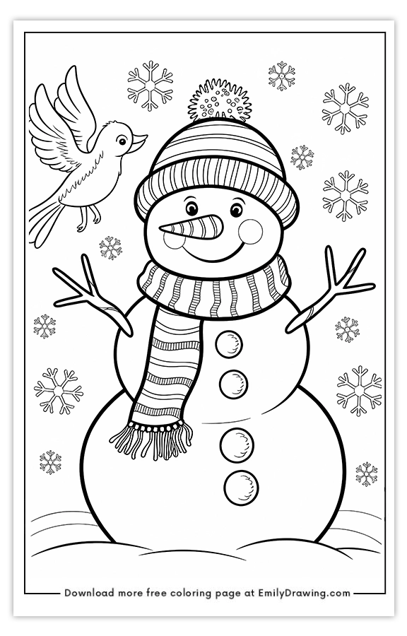 Free printable Snowman and Birds Winter Fun coloring pages with PDF files for download and printing!