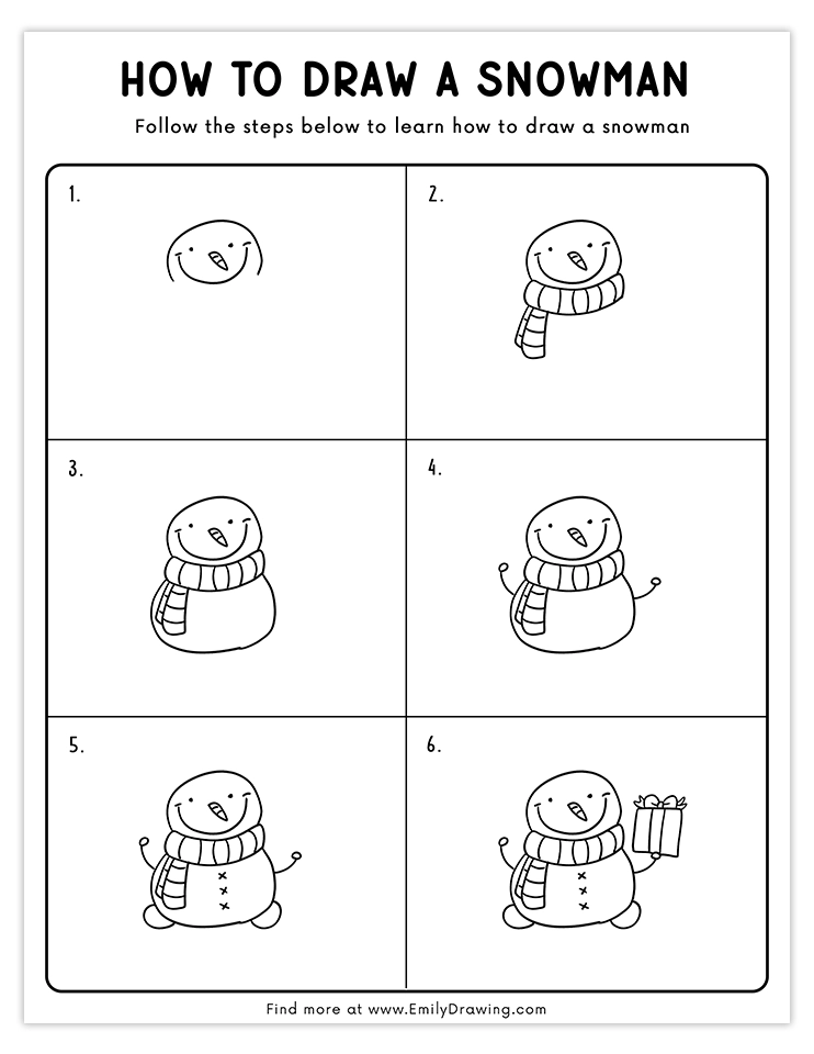 Smiling snowman drawing with a striped scarf, holding a wrapped gift, step-by-step guide.