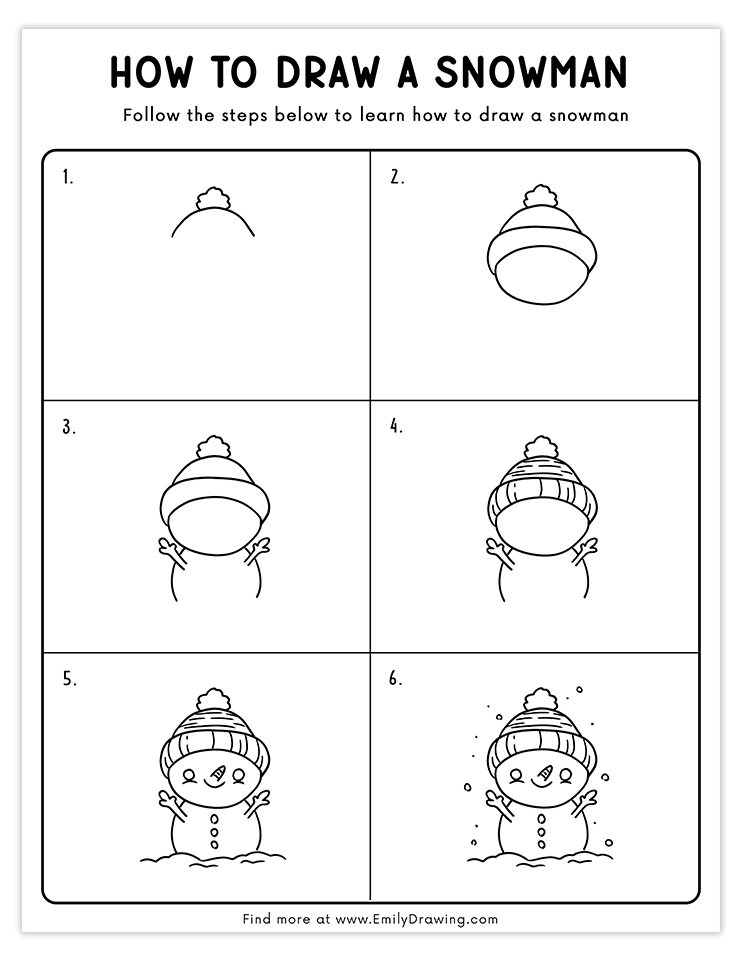 Cheerful snowman drawing with a winter hat in snowfall, easy steps.