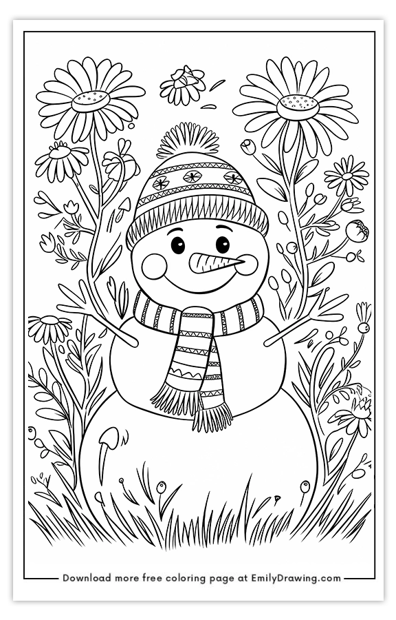 Free printable Snowman in a Blooming Garden coloring pages with PDF files for download and printing!