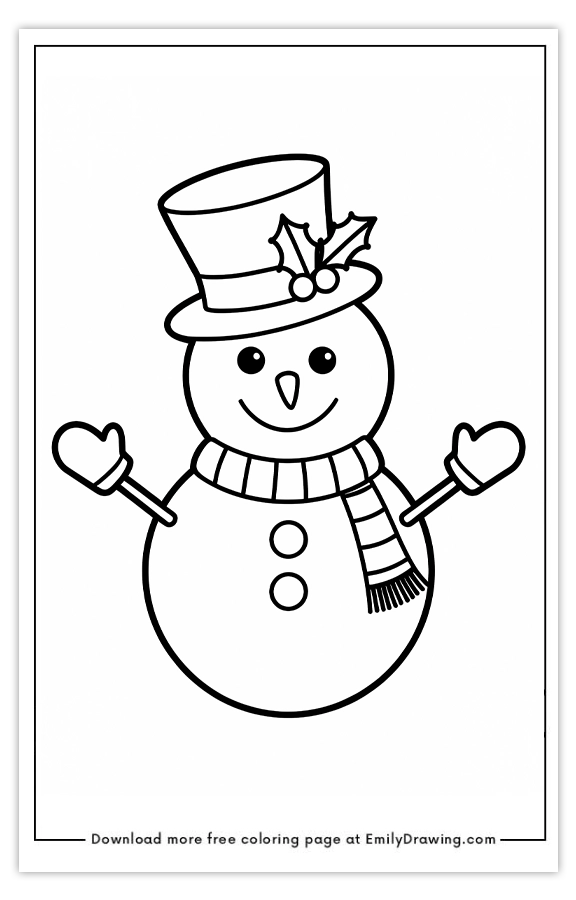 Free printable Snowman in a Top Hat and Mittens coloring pages with PDF files for download and printing!