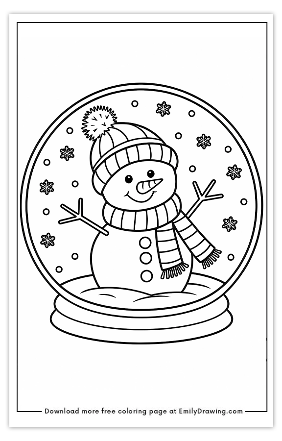 Free printable Snowman in a Winter Snow Globe coloring pages with PDF files for download and printing!