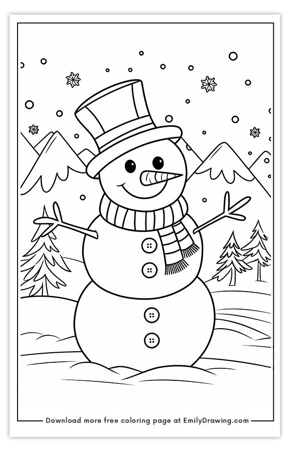 Free printable Snowman in a Winter Wonderland coloring pages with PDF files for download and printing!