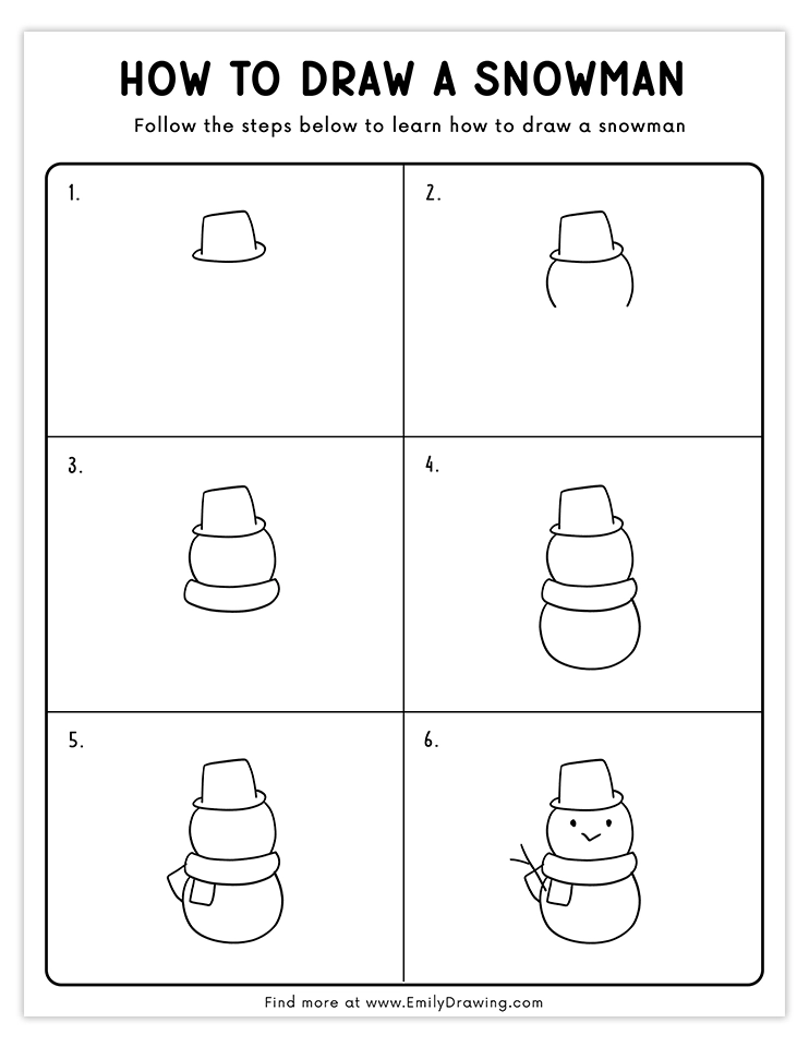 Simple snowman drawing with a classic hat and scarf, easy tutorial for beginners.