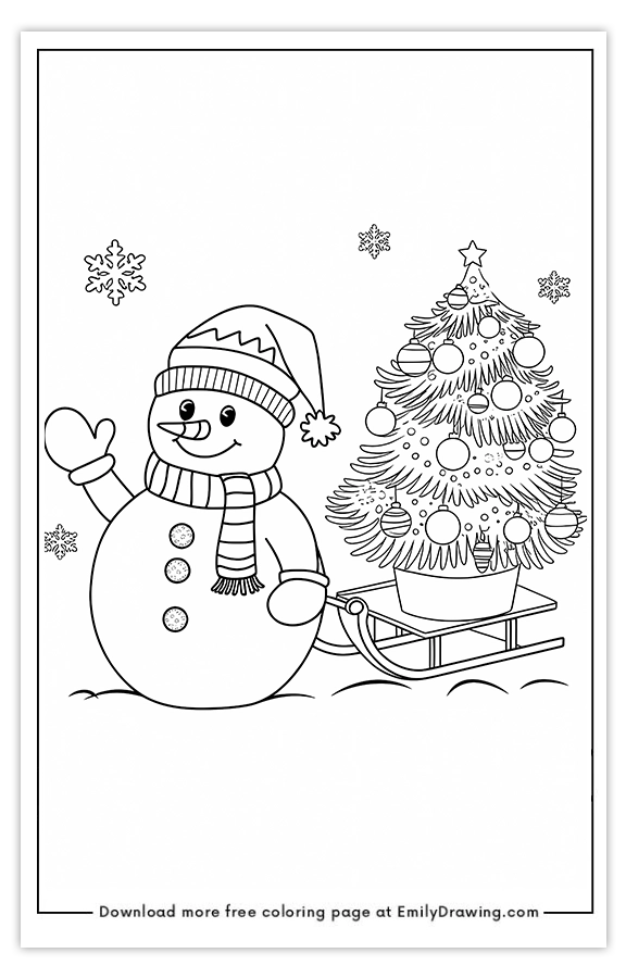 Free printable Snowmans Festive Tree Sled Ride coloring pages with PDF files for download and printing!