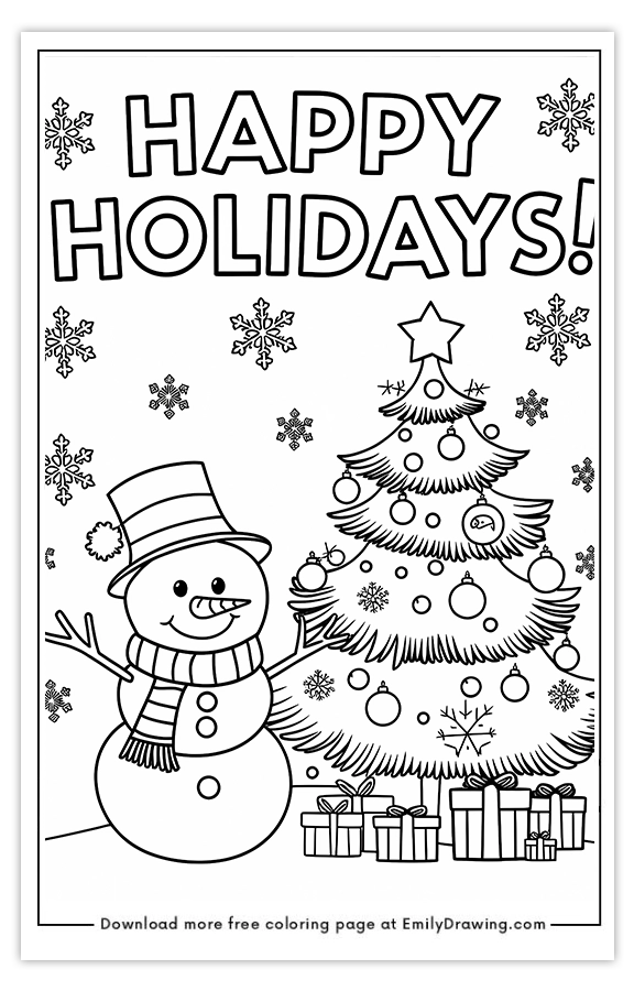 Free printable Snowmans Happy Holidays by the Tree coloring pages with PDF files for download and printing!