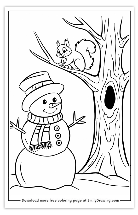 Free printable Snowmans Peaceful Winter with Squirrel coloring pages with PDF files for download and printing!