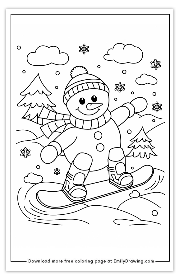 Free printable Snowmans Snowboarding Adventure coloring pages with PDF files for download and printing!