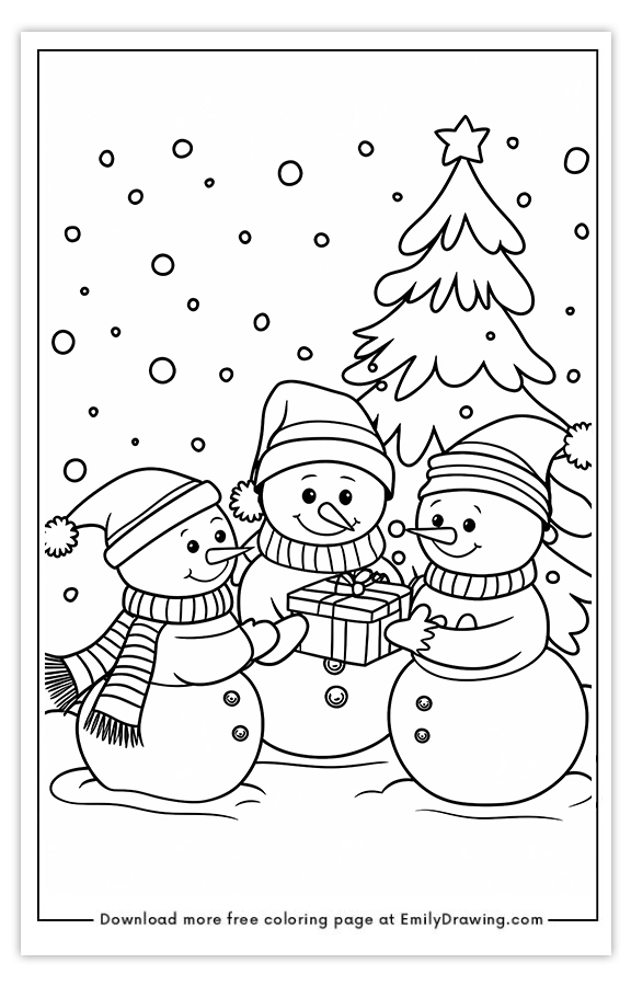 Free printable Snowmens Joyful Gift Exchange coloring pages with PDF files for download and printing!