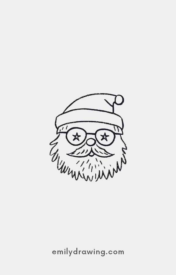 Santa Claus with star-shaped glasses and a festive hat illustration.