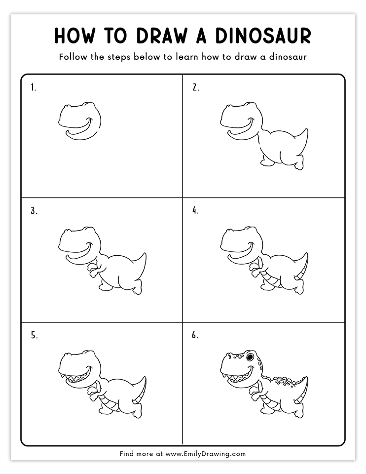 Detailed tutorial to draw a smiling T-Rex dinosaur with sharp teeth.