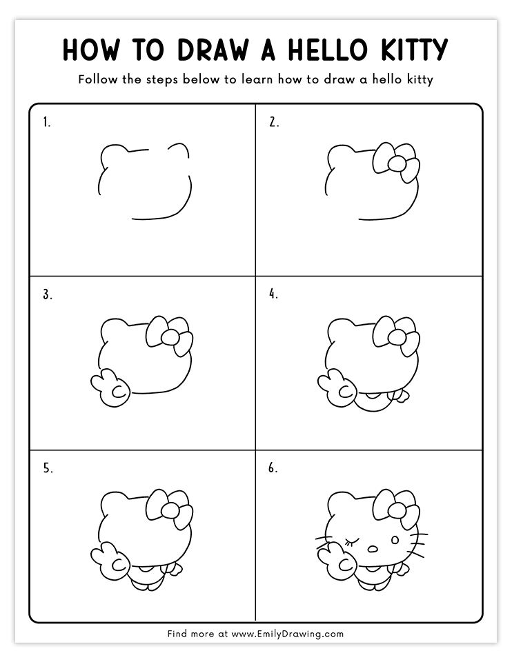 Step-by-step tutorial to draw a winking Hello Kitty pose.