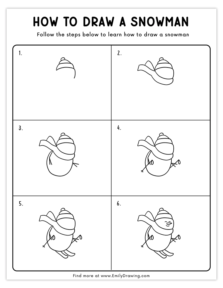 Cheerful snowman skiing downhill with a scarf and winter hat, easy art tutorial.