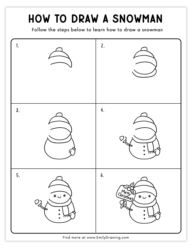 Simple snowman drawing with Merry Christmas sign, ideal for beginners.