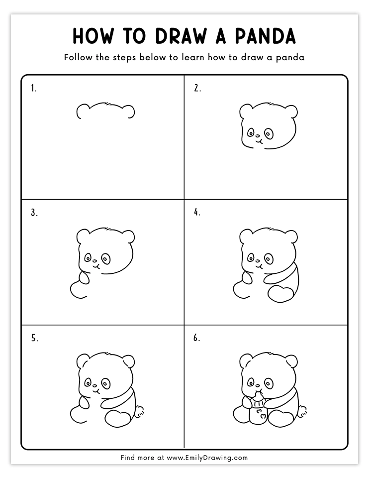 Step-by-step tutorial for drawing a baby panda drinking milk from a bottle, perfect for kids and beginner artists.