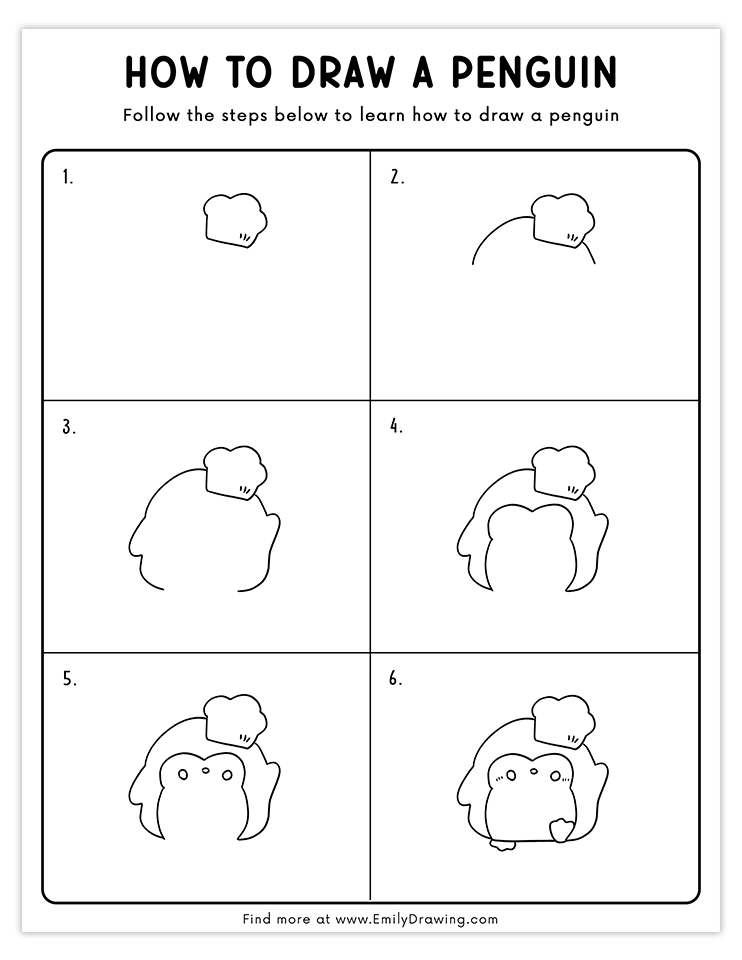 Cartoon drawing of a penguin wearing a chef hat, perfect for easy drawing tutorials.