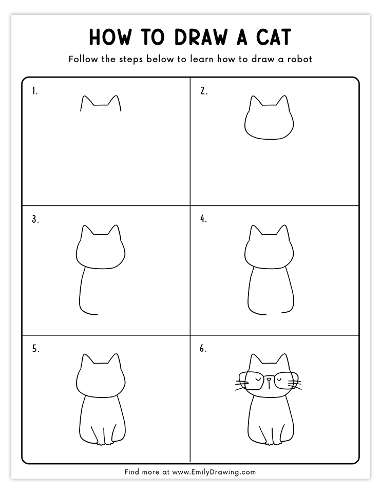 Fun step-by-step tutorial for drawing a cartoon cat wearing oversized glasses, perfect for beginner and young artists.