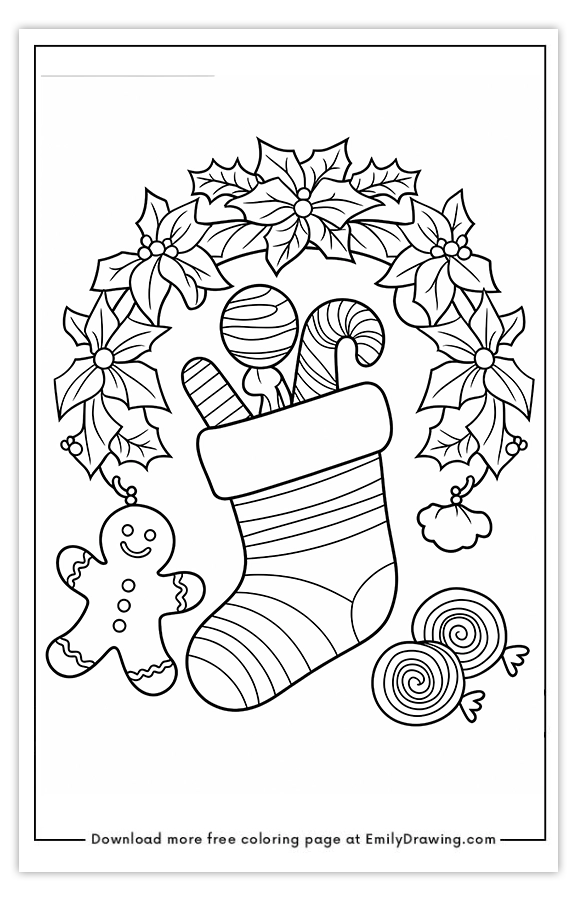 Free printable Stocking Full of Holiday Treats coloring pages with PDF files for download and printing!