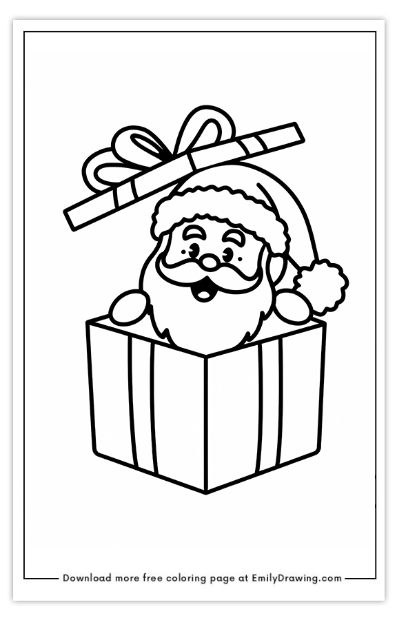 Free printable Surprised Santa in a Gift Box coloring pages with PDF files for download and printing!