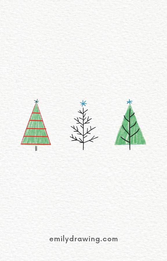 Three simple Christmas trees: geometric, branch, and shaded designs.