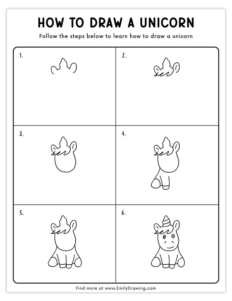 Adorable unicorn face drawing with a simple and fun design for kids.