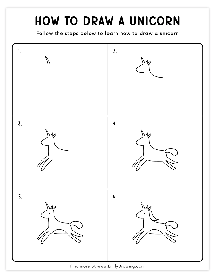 Simple running unicorn drawing tutorial for kids and beginners.