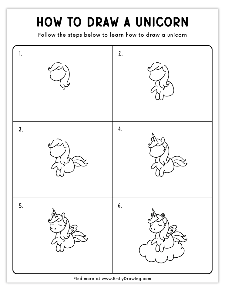 Cute unicorn sitting on a cloud with wings and a horn, in a step-by-step drawing guide.