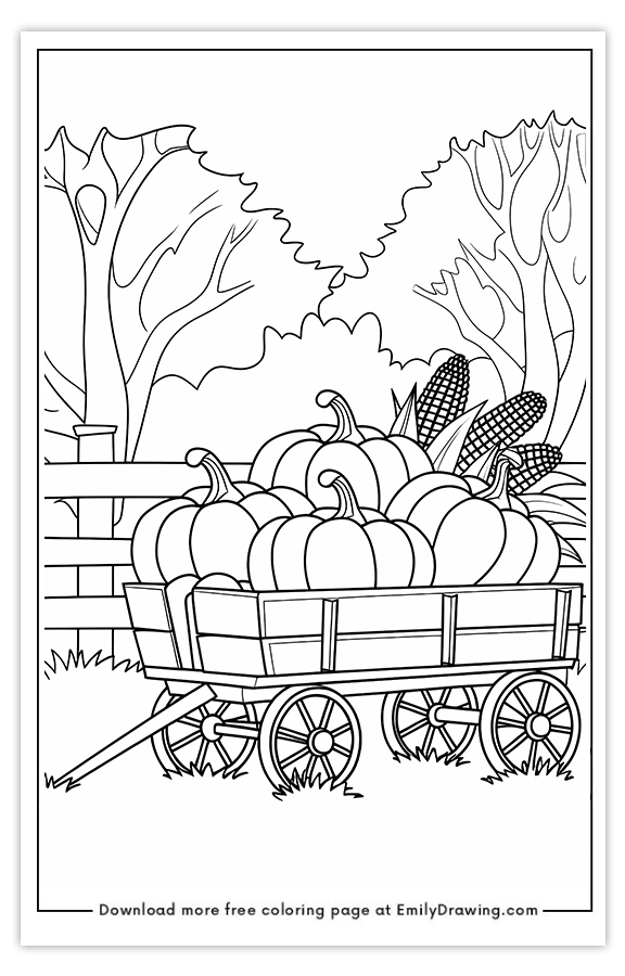 Free printable Wagon Filled with Pumpkins and Corn coloring pages with PDF files for download and printing!