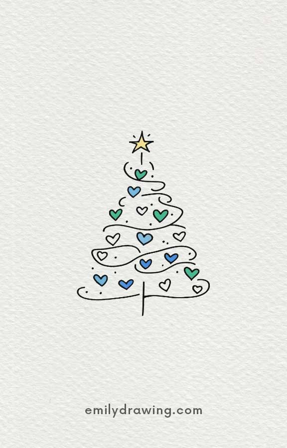 Festive tree drawing with colorful hearts and a star topper.