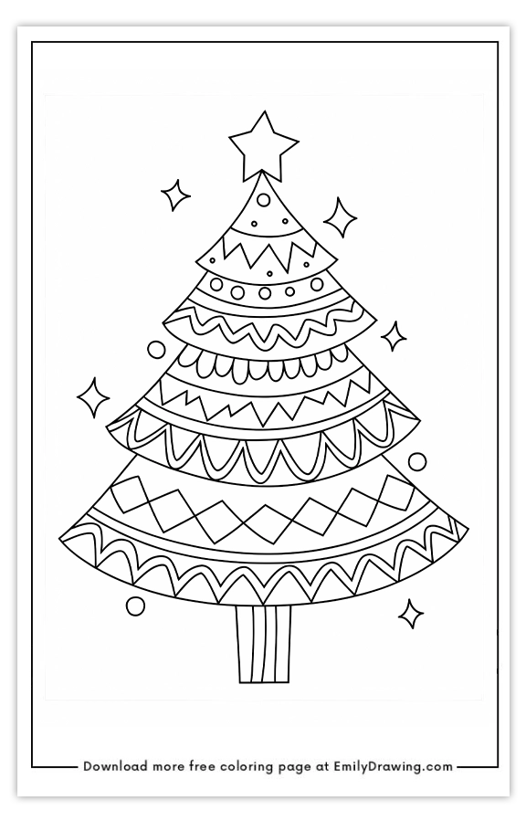 Free printable Whimsical Patterned Christmas Tree coloring pages with PDF files for download and printing!