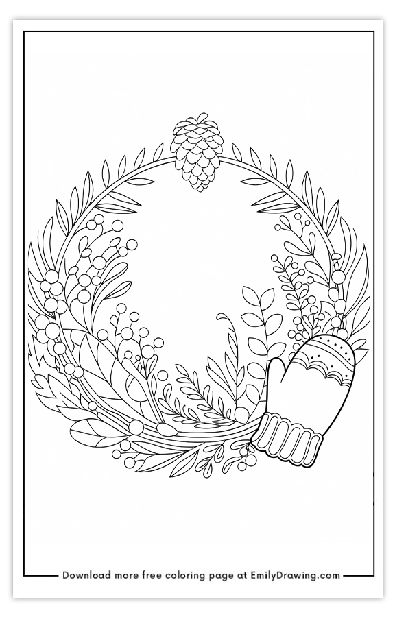 Free printable Winter Nature Wreath with Mitten coloring pages with PDF files for download and printing!