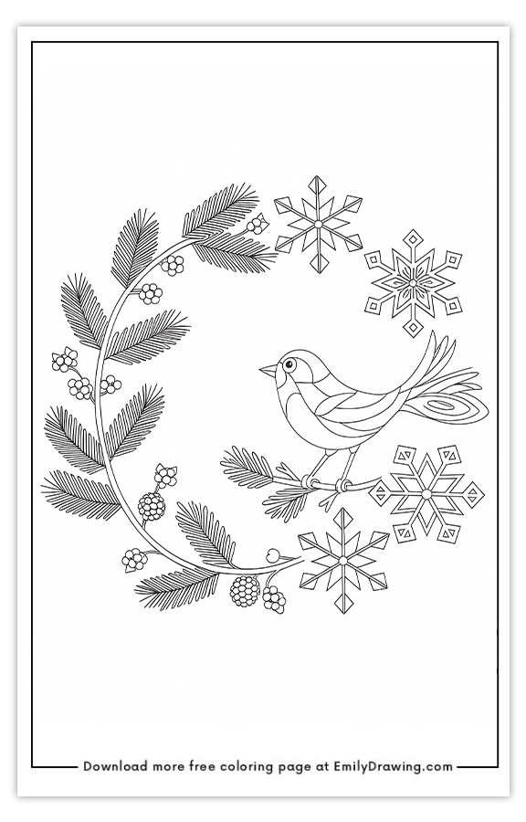 Free printable Winter Wreath with Bird and Snowflakes coloring pages with PDF files for download and printing!