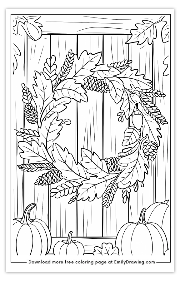 Free printable Wreath Made of Leaves Pine Cones and Acorns coloring pages with PDF files for download and printing!