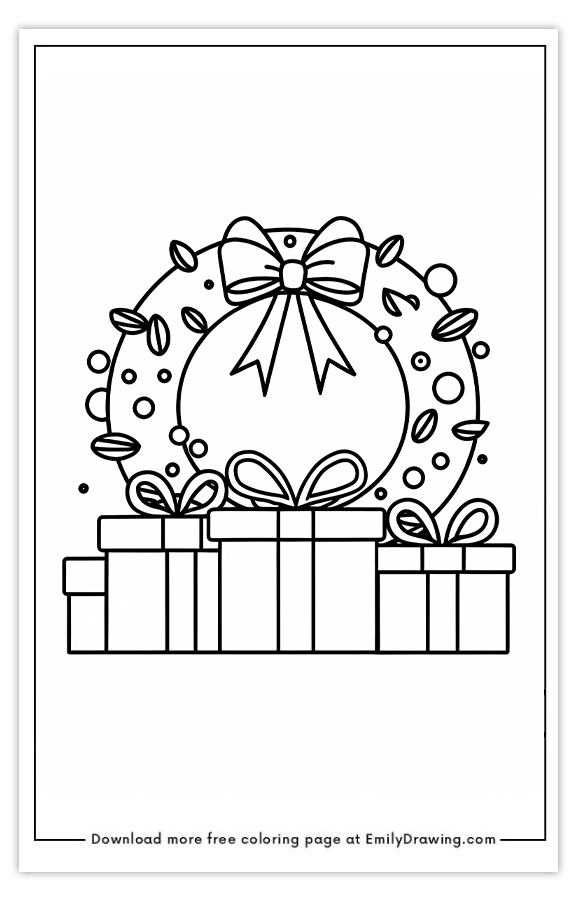 Free printable Wreath of Cheer and Gift Boxes coloring pages with PDF files for download and printing!