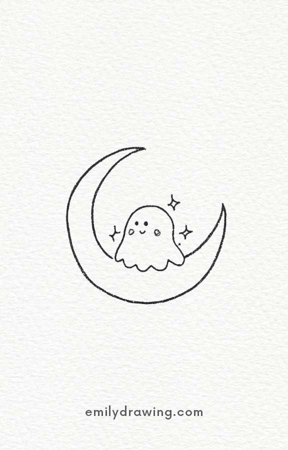 a ghost hiding behind the moon - Easy Cute Halloween Drawing Ideas for kids