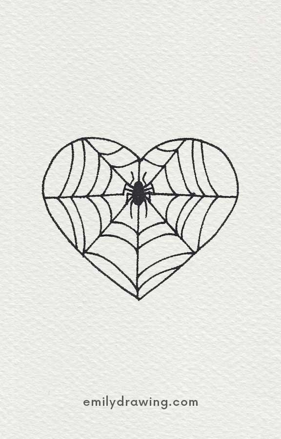 a heart-shaped spider web - Easy Cute Halloween Drawing Ideas for kids