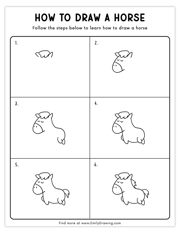 Step-by-step tutorial to draw a cute and sleepy horse.