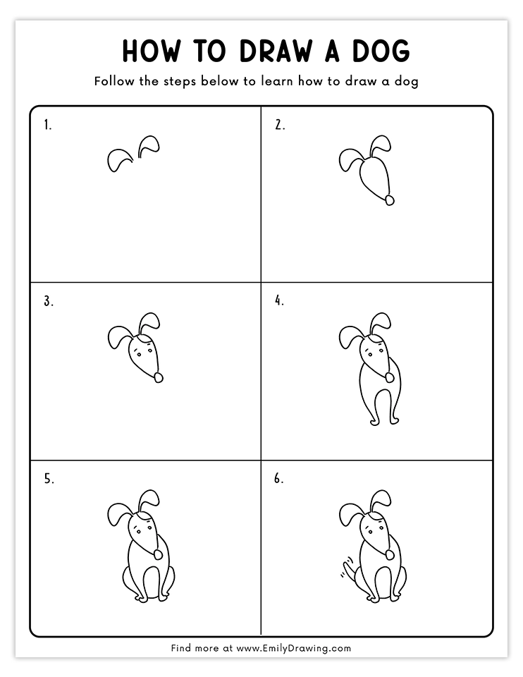 Easy six-step guide to drawing a sitting dog. Perfect for kids and beginners!