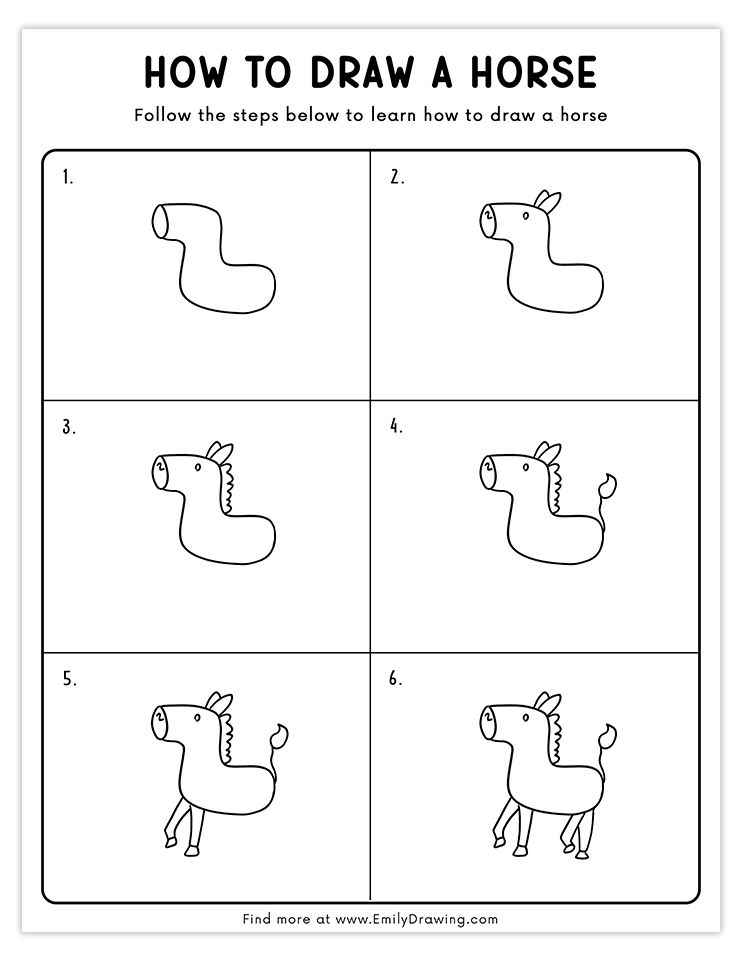 Step-by-step guide to draw a simple and cute horse.