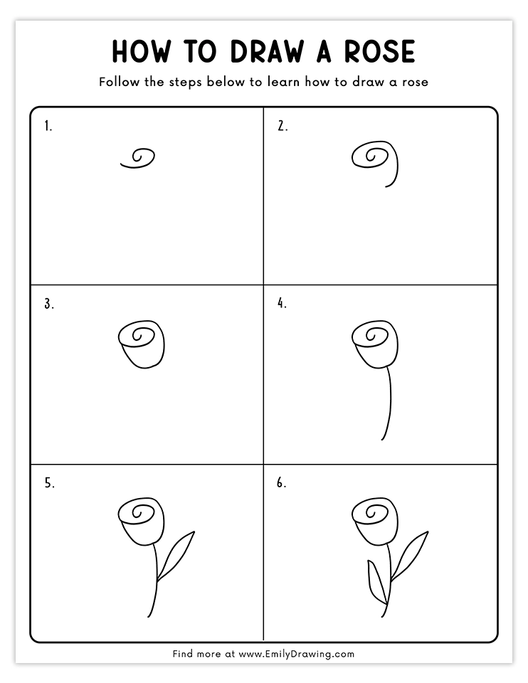 Follow a 6-step guide to create a simple rose drawing with a spiral design.