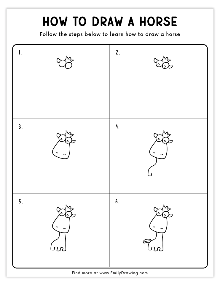 Fun step-by-step guide to draw a cartoon horse for kids.