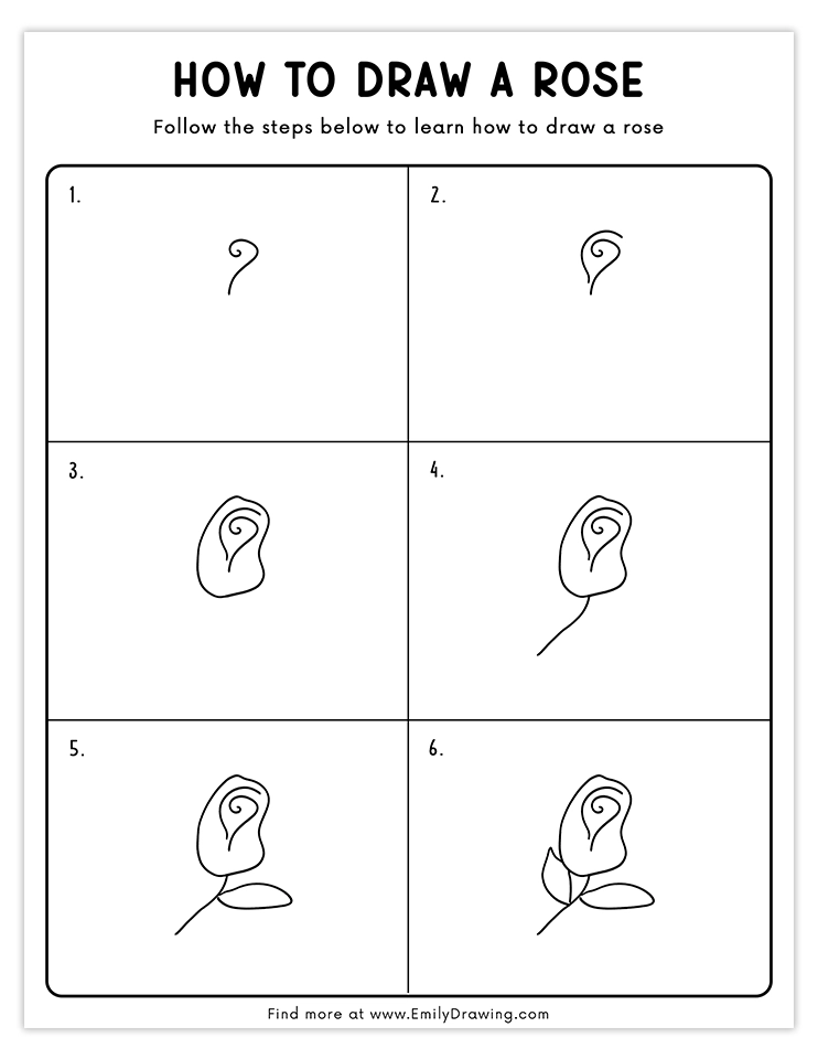 A 6-step guide to sketch a graceful rosebud with a delicate stem and leaves.