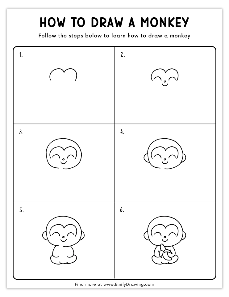 Step-by-step guide to draw a cute monkey with a banana.