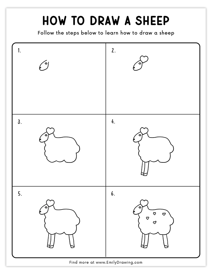 Easy tutorial to draw a sheep with cute heart decorations, great for kids and beginners.