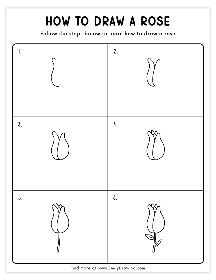 A simple 6-step guide to drawing a rosebud with petals and leaves for beginners.