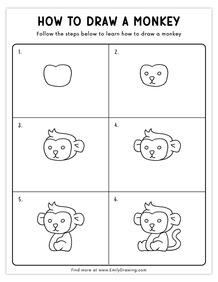 Step-by-step guide to draw a cute sitting monkey.