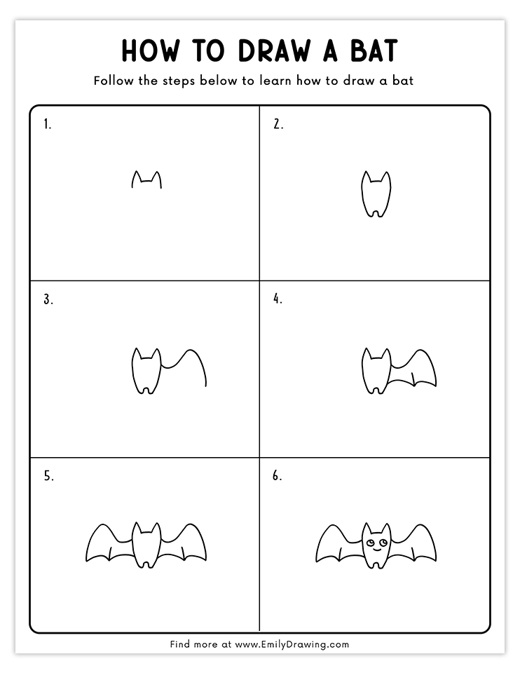 Simple tutorial to draw a bat with wings and cute details, great for beginners.